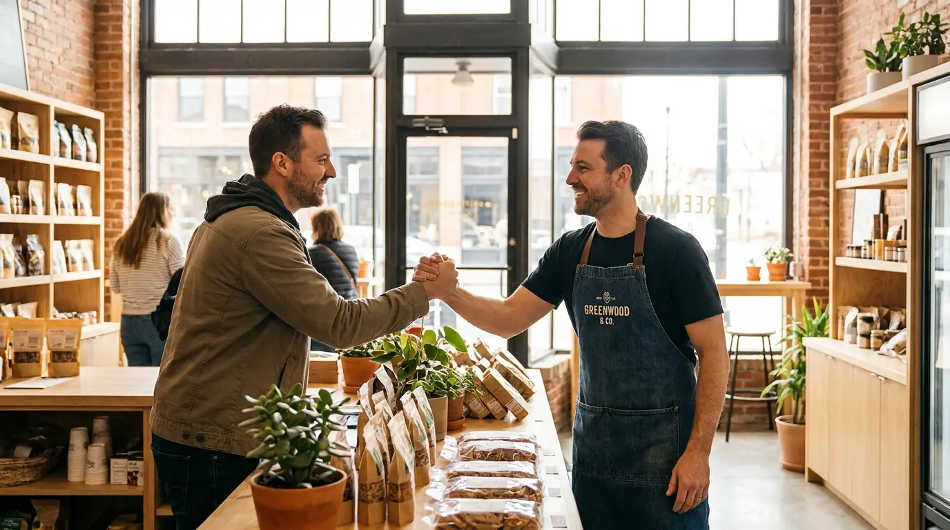 Stretta di mano tra un commerciante e un cliente soddisfatto in negozio
