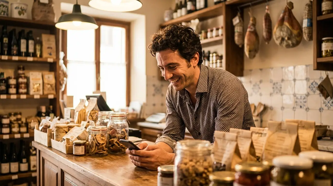 Commerciante che controlla recensioni e presenza online dal proprio negozio
