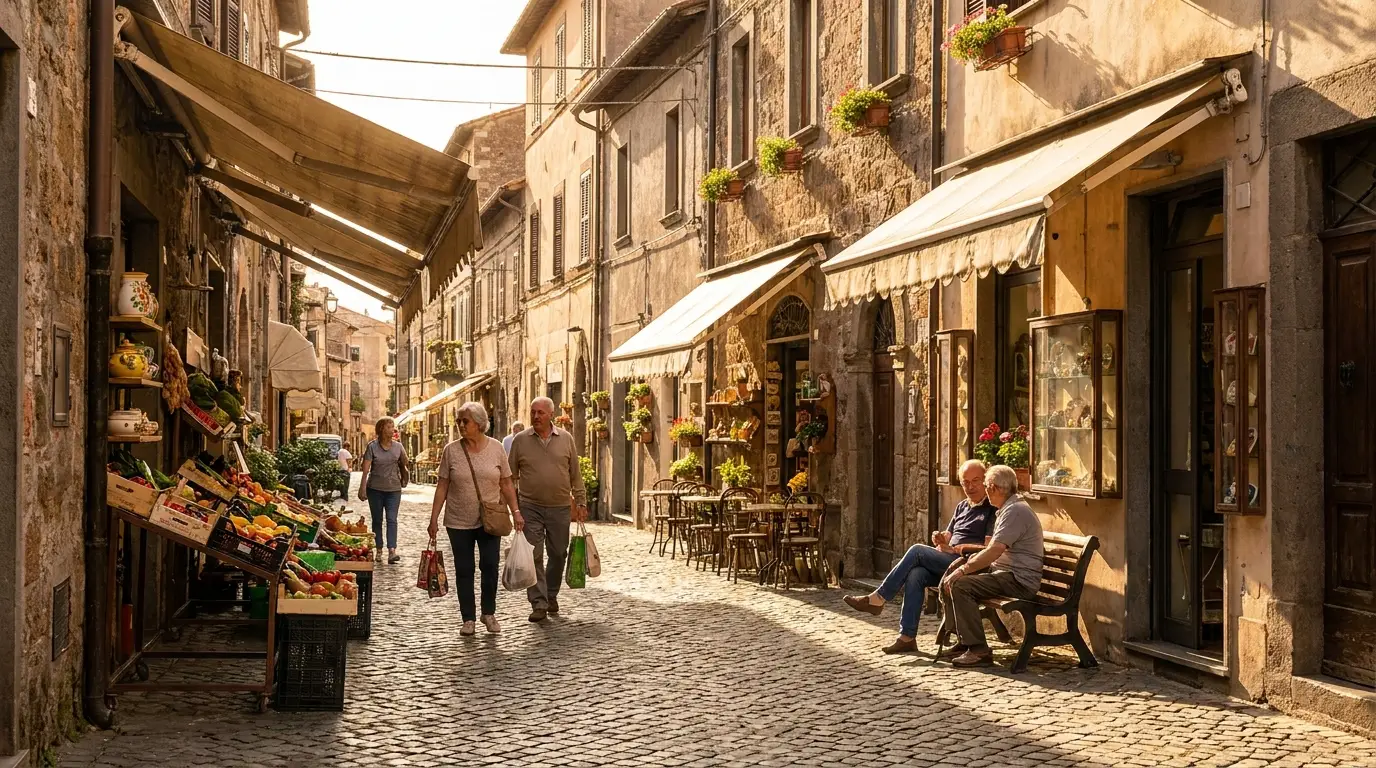 Via principale di un paese dei Castelli Romani con negozi locali