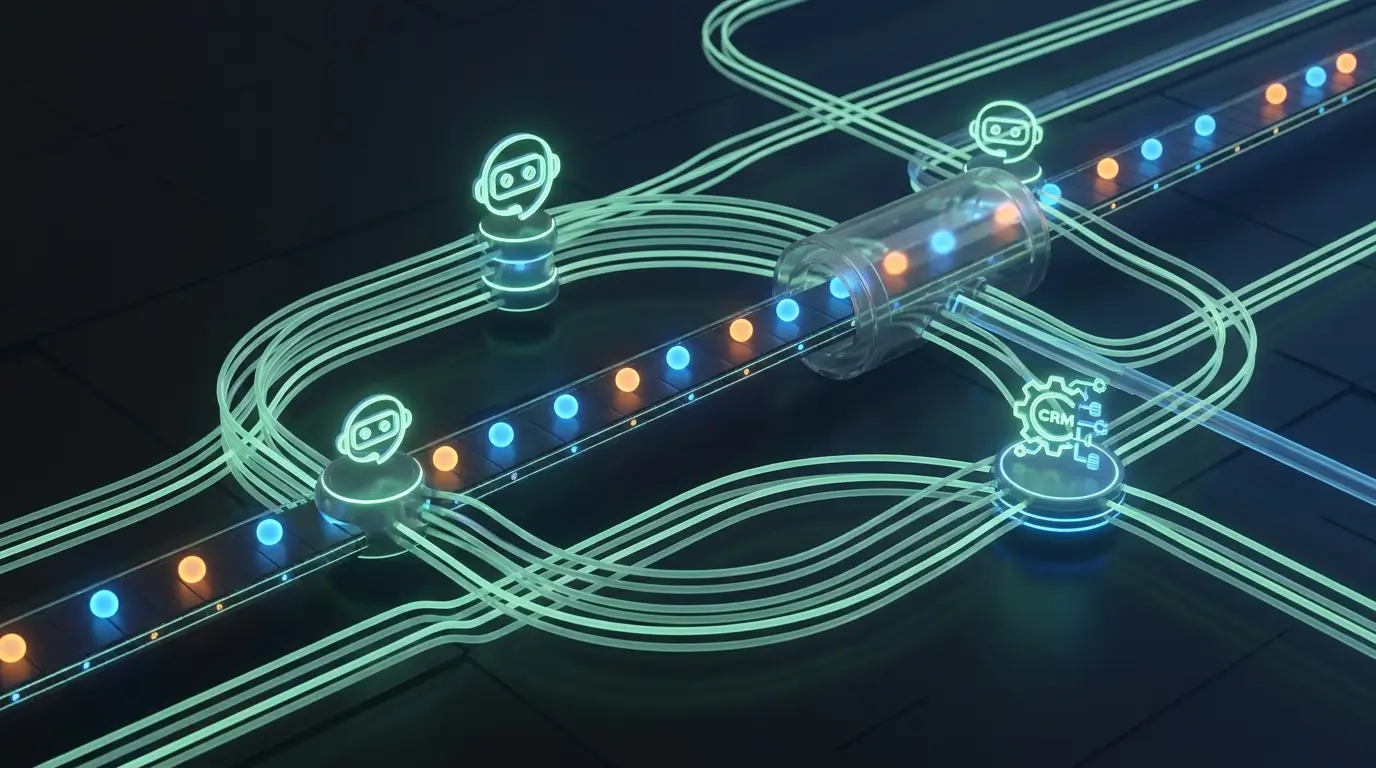 Schema astratto di un flusso di lead automatizzato con nodi luminosi