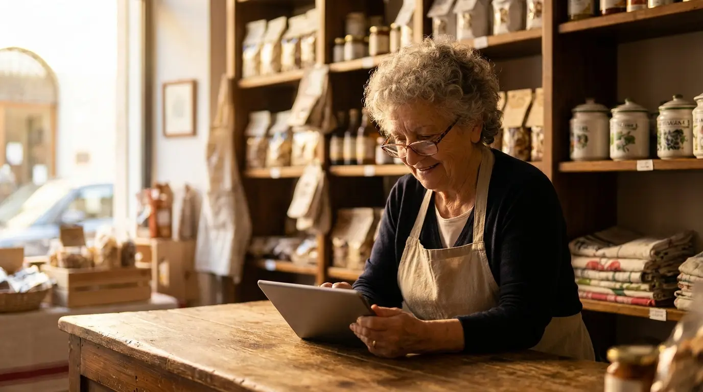 Titolare di un negozio italiano controlla i numeri della propria attività su un tablet al bancone
