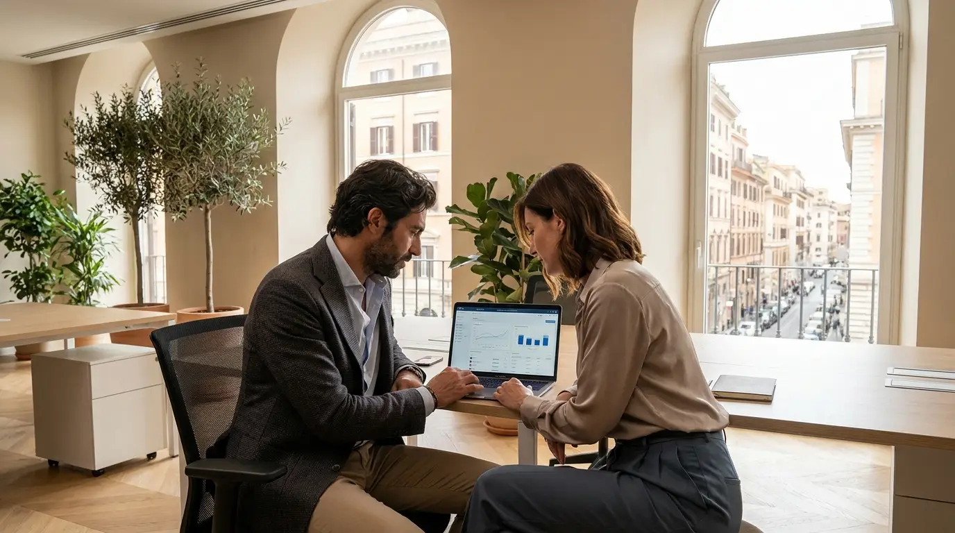 Due professionisti analizzano insieme i dati dei contatti su un laptop in ufficio