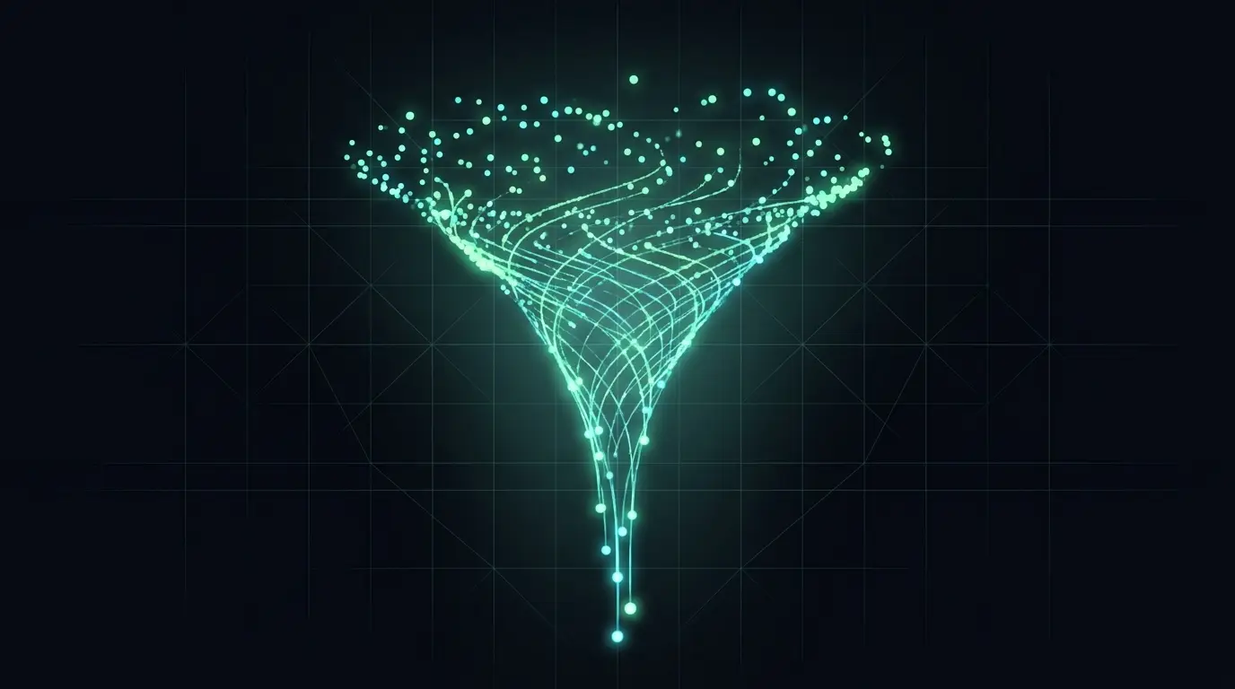 Rappresentazione astratta di un funnel di acquisizione clienti con l'intelligenza artificiale