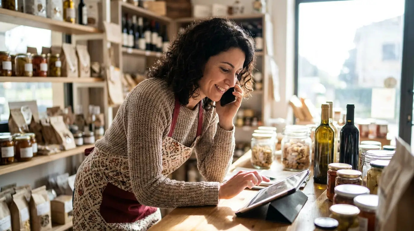 Titolare di un'attività commerciale gestisce un contatto al telefono