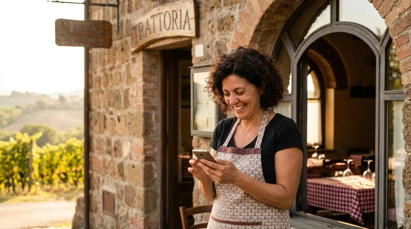 Ristoratrice dei Castelli Romani controlla la scheda Google della sua attività dallo smartphone