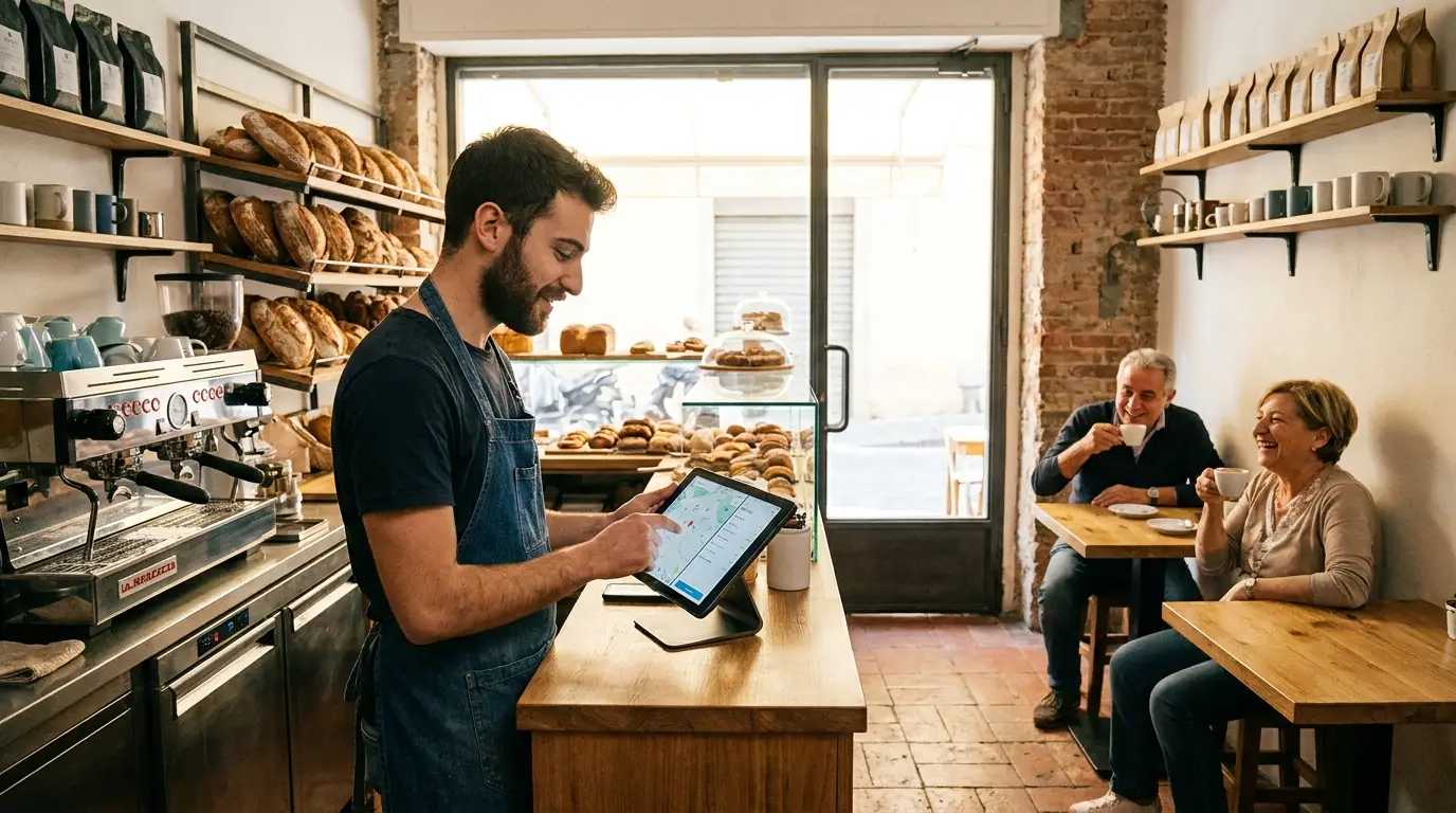 Titolare di una caffetteria artigianale dei Castelli Romani gestisce ordini e richieste da tablet