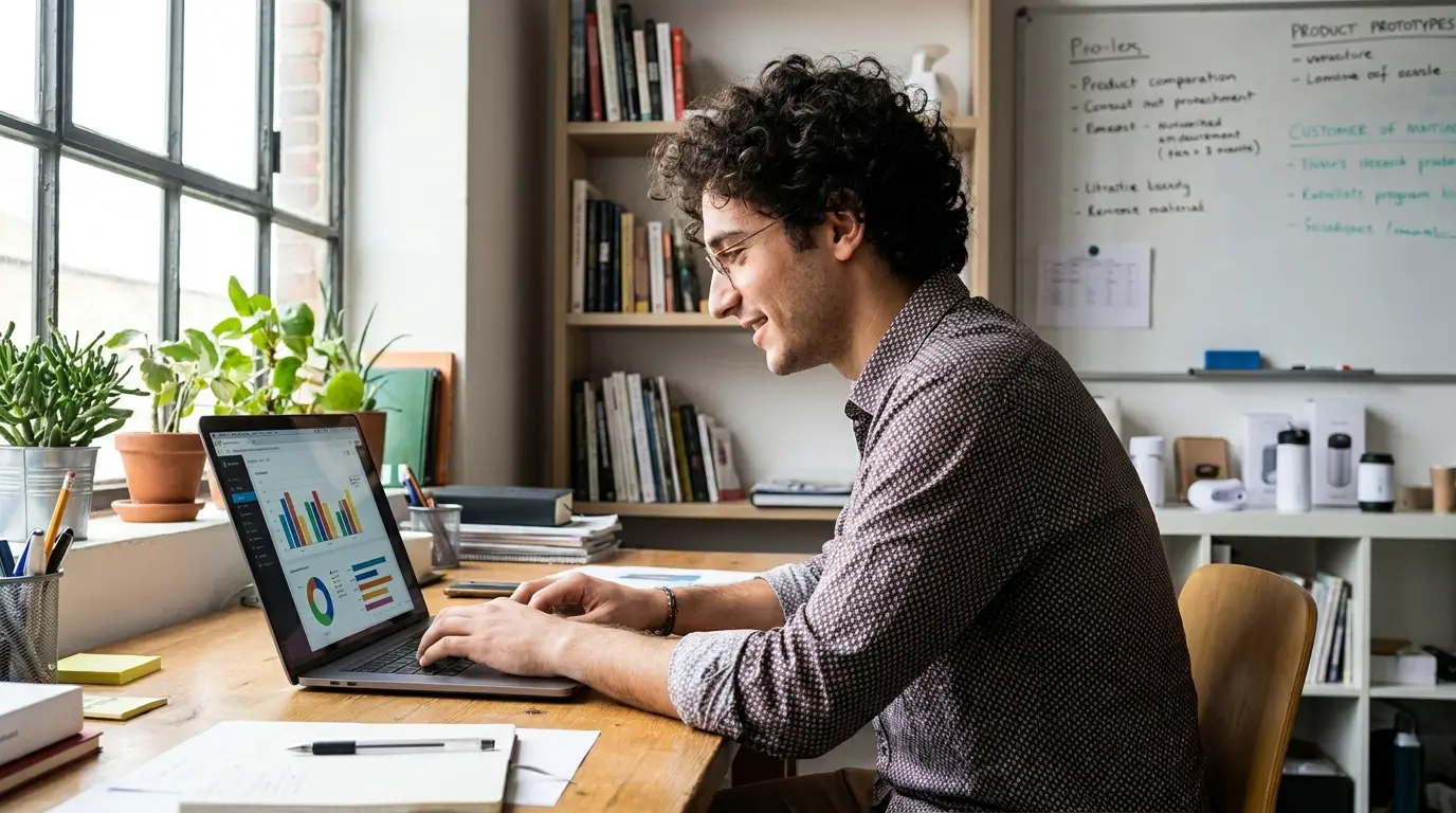 Imprenditore italiano analizza i risultati di marketing al computer