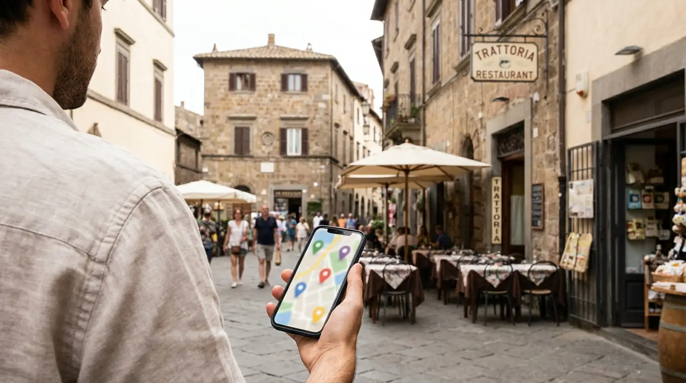 Cliente che consulta la mappa sullo smartphone in una piazza dei Castelli Romani