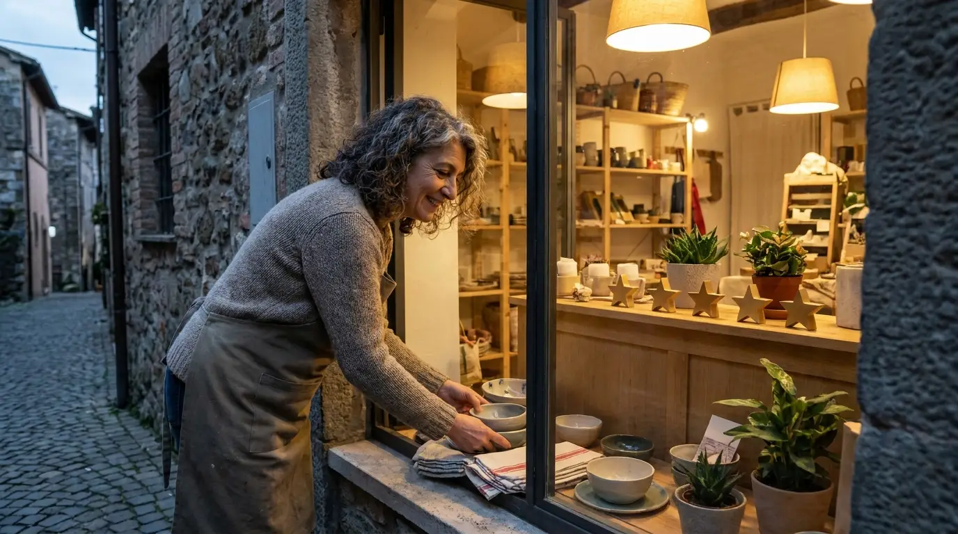 Commerciante italiana nel suo negozio artigianale, la cura del cliente genera recensioni