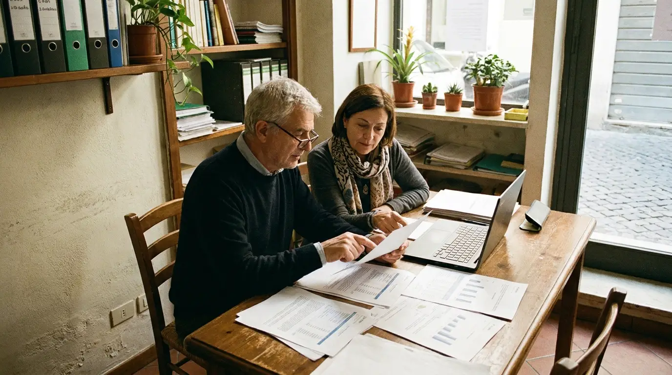 Due imprenditori italiani analizzano insieme i report di marketing su carta e laptop