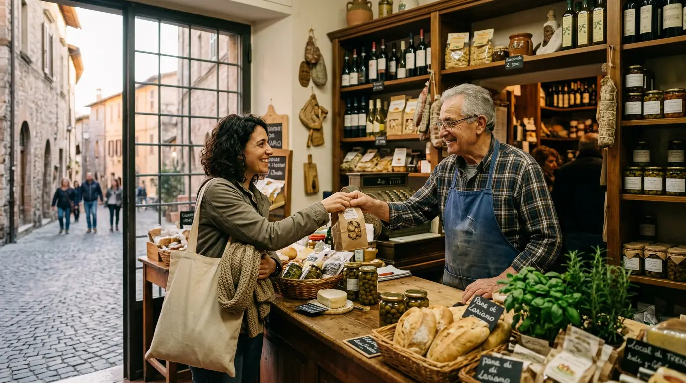 Commerciante italiano serve un cliente al bancone di un negozio di quartiere nel Lazio