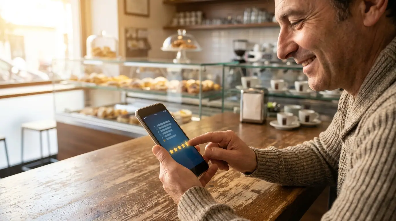 Cliente che lascia una recensione a cinque stelle su Google dal proprio smartphone in un negozio locale italiano