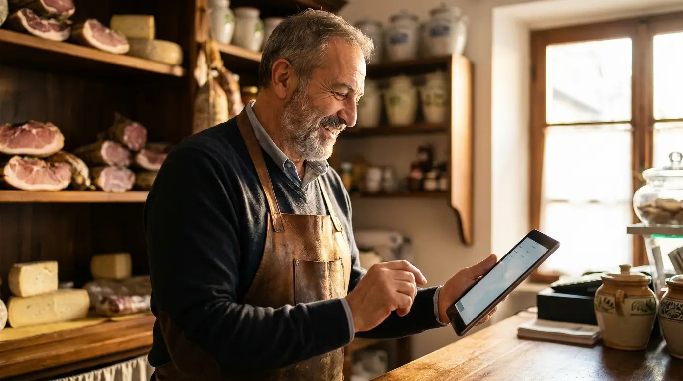 Titolare di un negozio artigiano italiano che legge e risponde alle recensioni dei clienti da un tablet