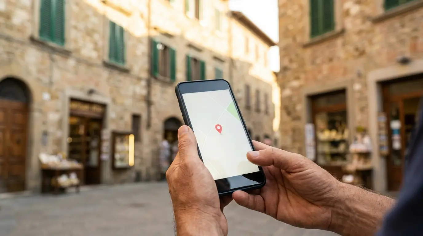 Persona cerca un'attivita locale dallo smartphone in una via del centro