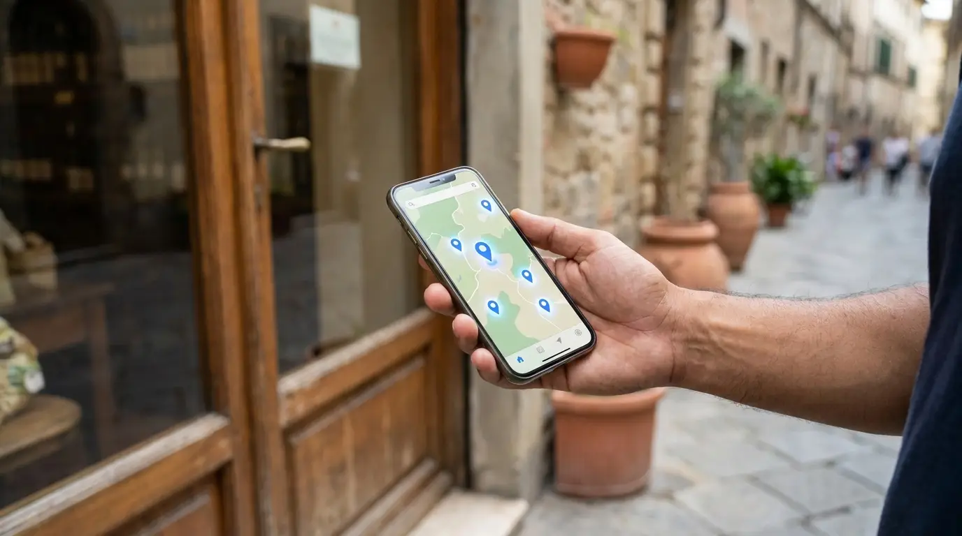 Cliente che cerca un'attività locale sulla mappa dello smartphone davanti a un negozio italiano