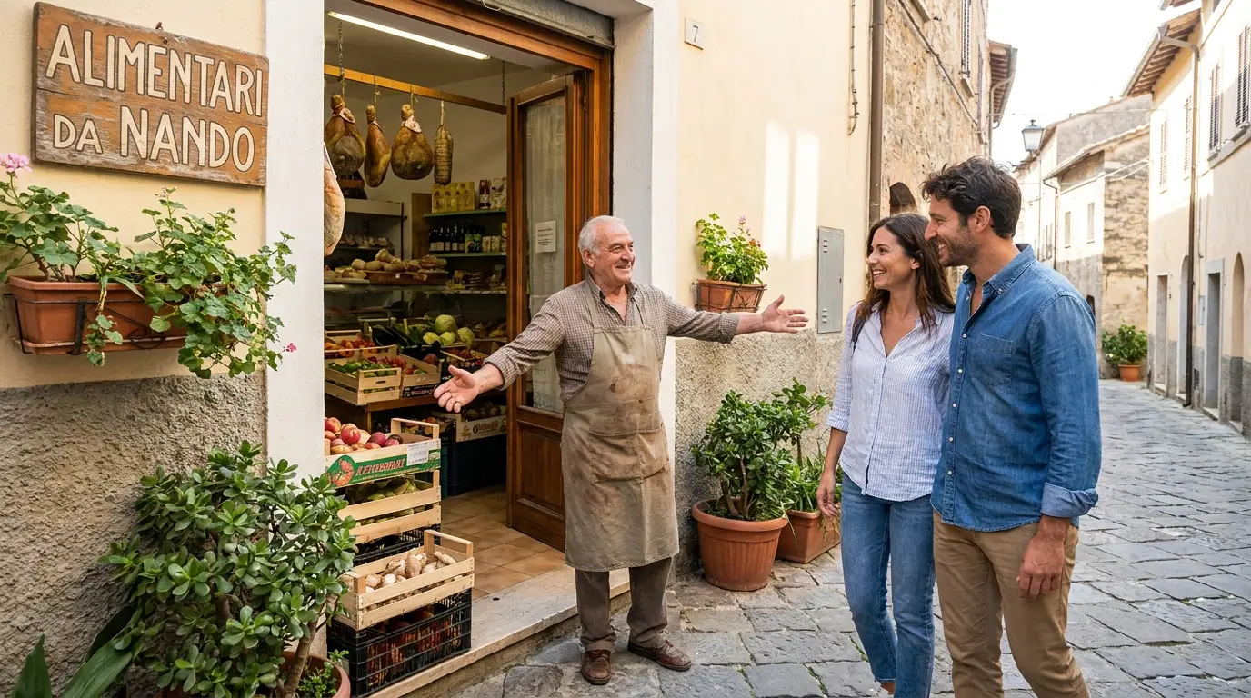Titolare di un negozio italiano che accoglie due clienti soddisfatti sulla porta