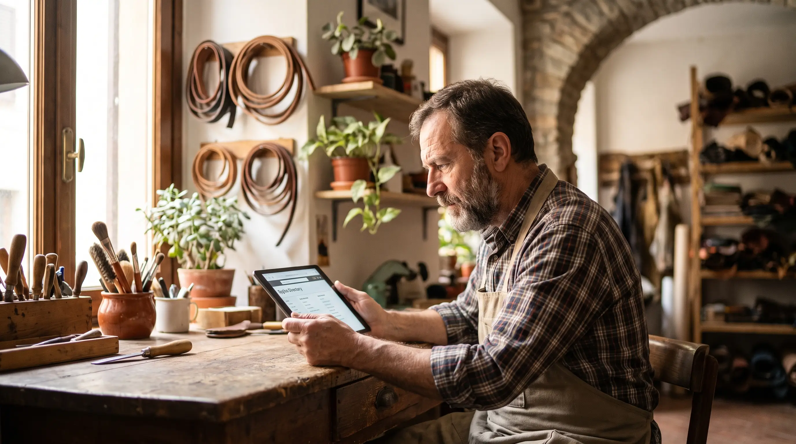 Artigiano italiano che controlla la scheda della propria attività su un tablet in laboratorio