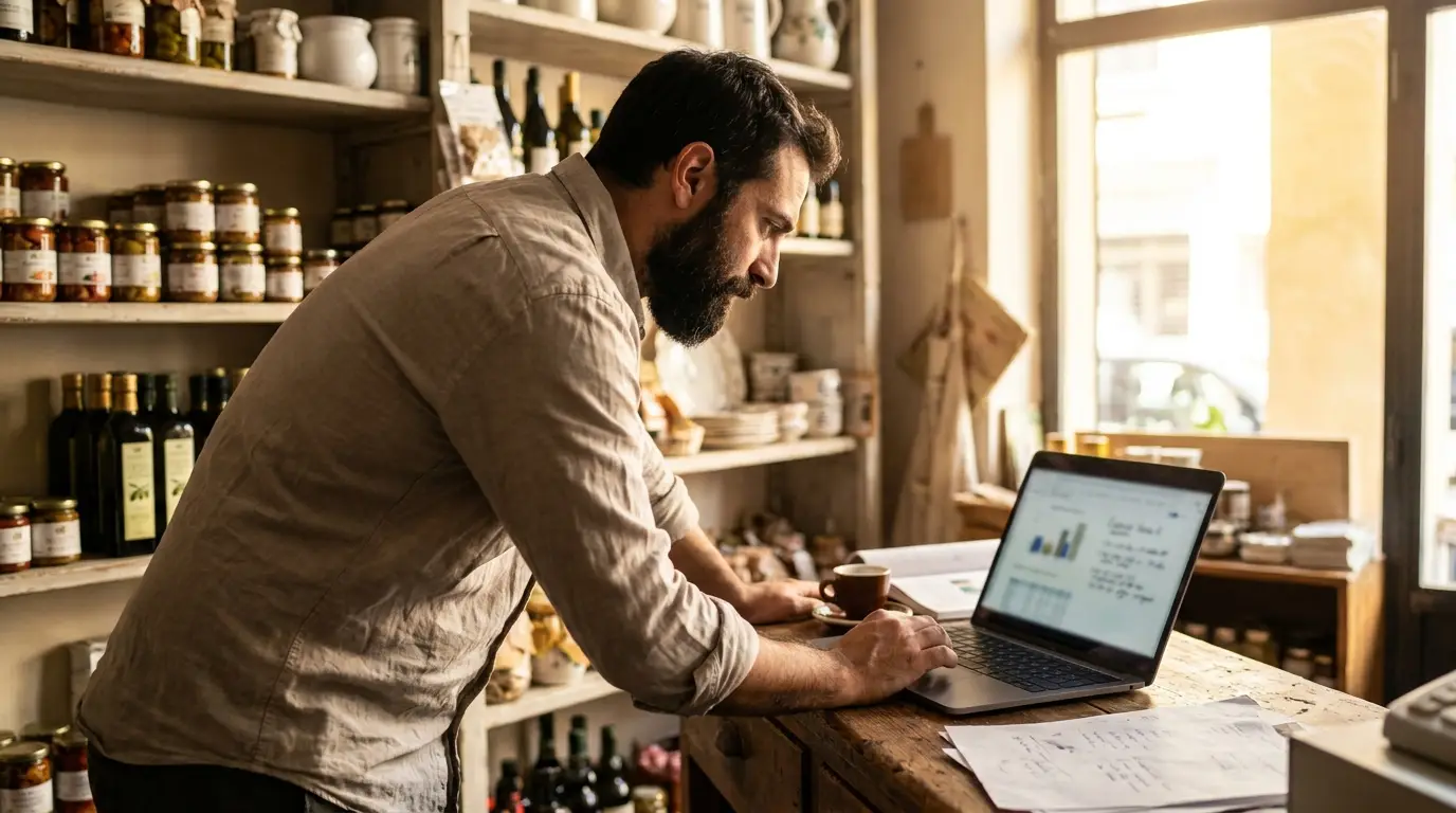 Imprenditore italiano che rivede il piano marketing al banco del suo negozio