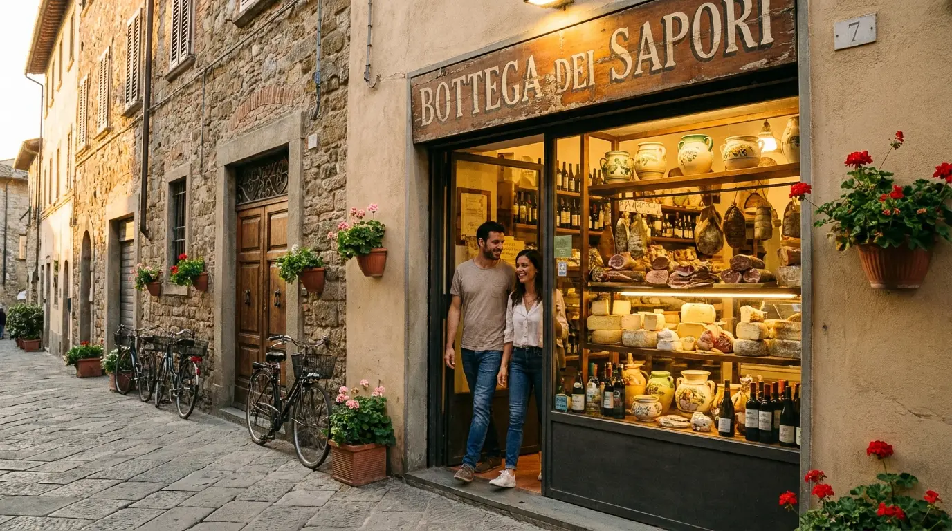 Vetrina di un negozio locale italiano in un piccolo borgo con clienti che entrano
