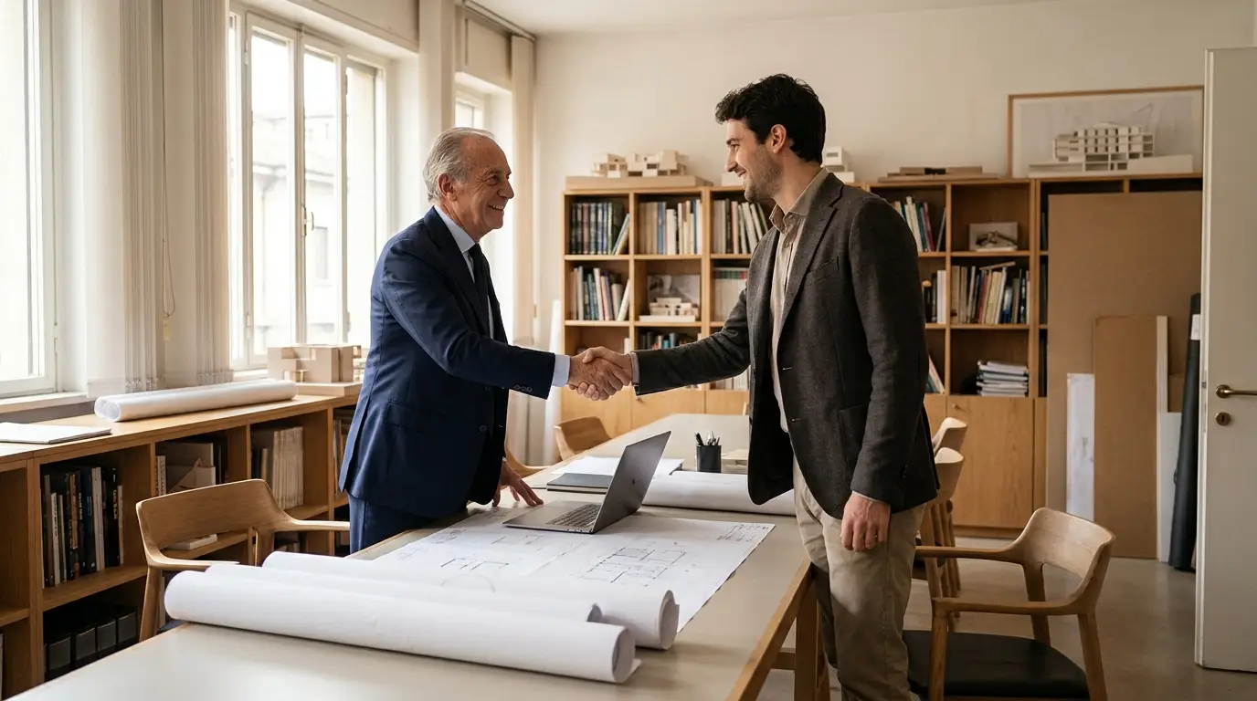 Professionista italiano accoglie un cliente nel proprio studio