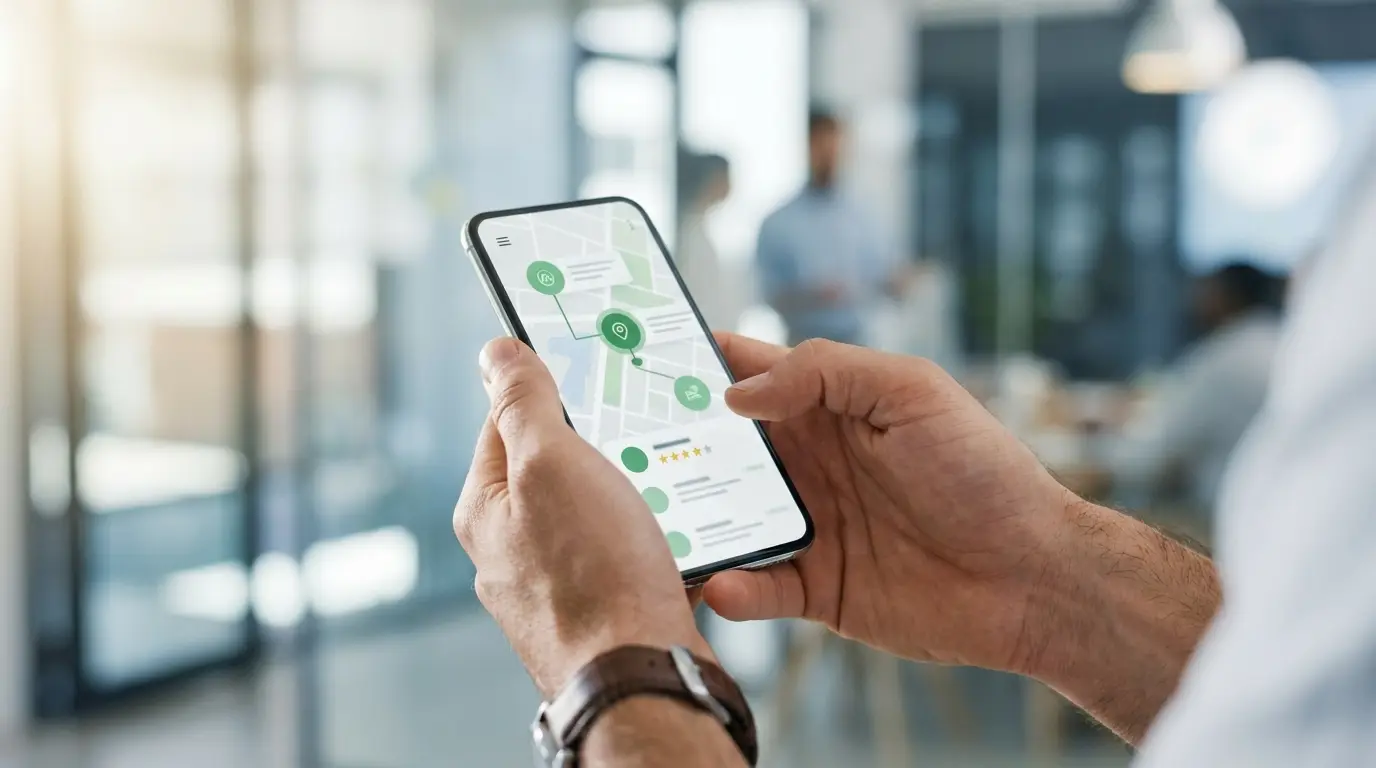 Le mani di un professionista consultano recensioni e mappe sullo smartphone